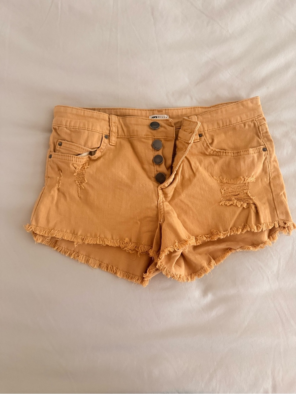 Billabong Mustard Yellow Frayed Hem Denim Shorts